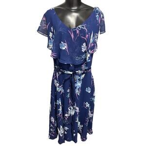 Size 24 Lane Bryant Floral Lined Split Flutter Sleeve Midi Dress Zipper Tie